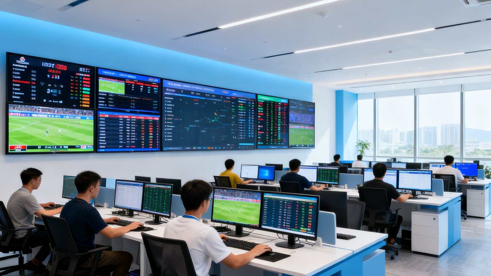 V体育广州总部开放式办公区域实拍照片，宽敞明亮的空间内数十名员工在双屏工作站前专注工作，墙面上悬挂着多块实时数据监控大屏，展示全球赛事比分滚动更新。