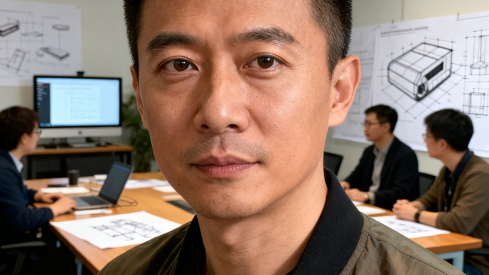 V体育产品副总裁陈宇的头像照片，38岁男性，短发干练，穿着休闲夹克，背景为产品设计讨论会的场景。