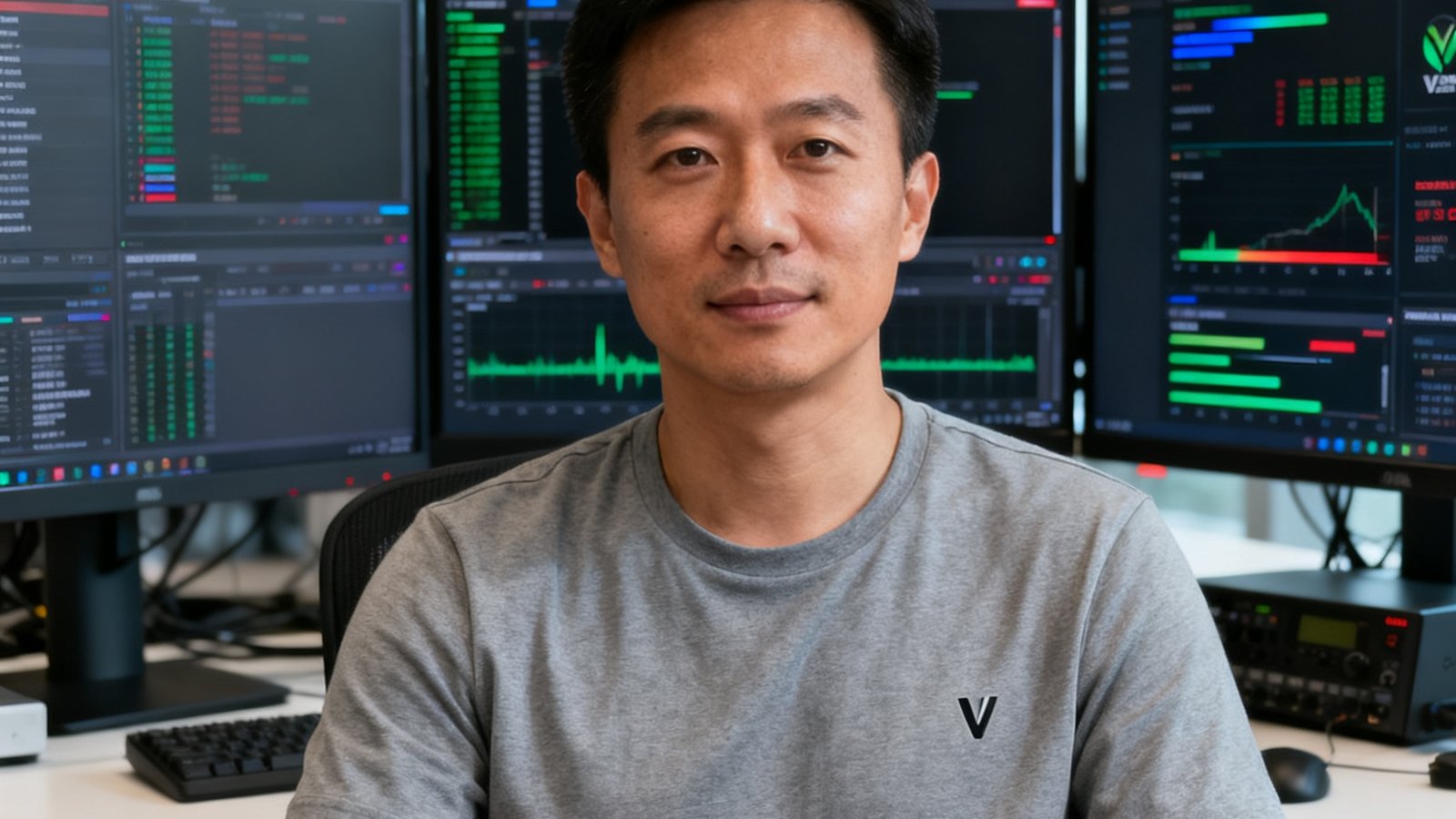 V体育技术总监李锋的头像照片，36岁男性，穿着灰色T恤，坐在多屏幕开发环境前，屏幕上显示数据流监控界面。